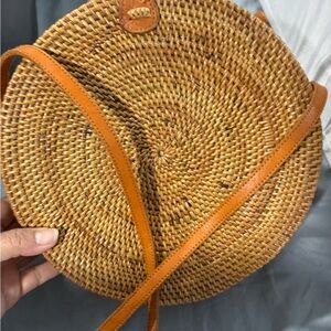 Round Woven Tan Crossbody Bag
